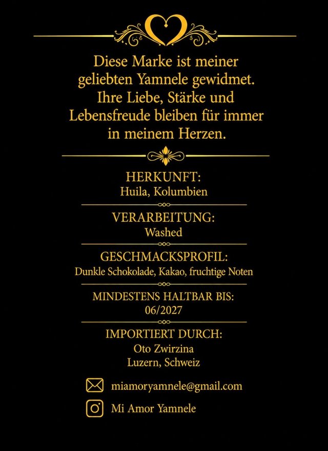 Rückseite der Packung mit der Widmung an Yamnele, Herkunft und Geschmacksprofil