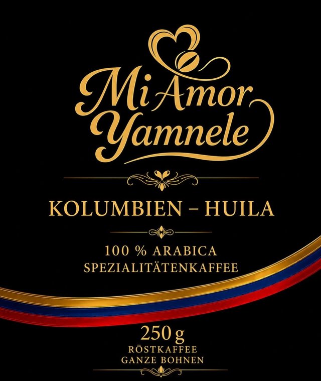 Vorderseite der Packung: Kolumbien – Huila, 100 % Arabica Spezialitätenkaffee, 250 g ganze Bohnen